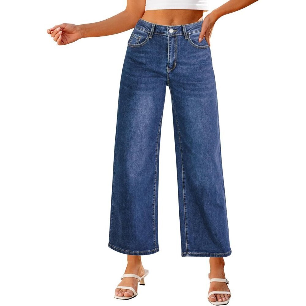 Wide Leg High Waist Jeans Stretchy Denim Cropped Trousers Casual Pants